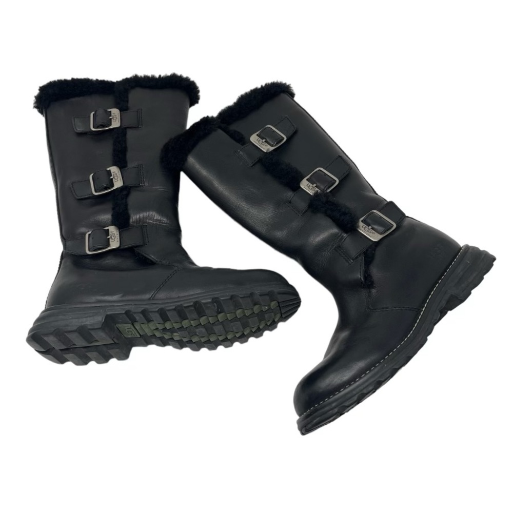 UGG Women’s Black Leather Larkspur Sheepskin Motorcycle Buckle Boots Size 5